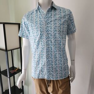 DKNY shirt mens A8  blue checker button Short sleeve dress casual slim fit LARGE